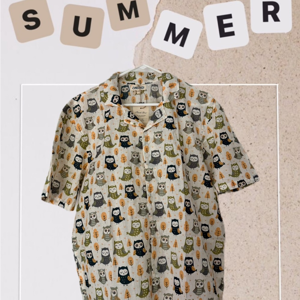 Men's Owl Print Casual Button Down Shirt - Multicolor